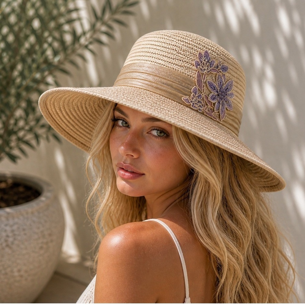 Lily & Taylor Straw Sun Hat Wide Brim Purple Floral Gold Sash Church Derby Women